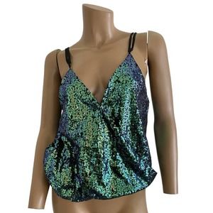 XL shimmery green blue sequin flap front tank blouse TS 4110